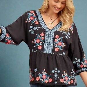 Savanna Jane Black Top with Pink and Blue Embroidery